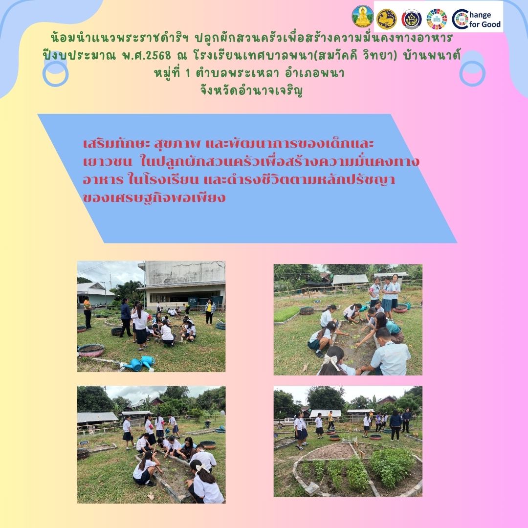 น้อมนำแนวพระราชดำริฯ ปลูกผักสวนครัวเพื่อสร้างความมั่นคงทางอาหาร ปีงบประมาณ พ.ศ.2568 ณ โรงเรียนเทศบาลพนา(สมาัคคี วิทยา) บ้านพนาต์ หมู่ที่ 1 ตำบลพระเหลา อำเภอพนา  จังหวัดอำนาจเจริญ