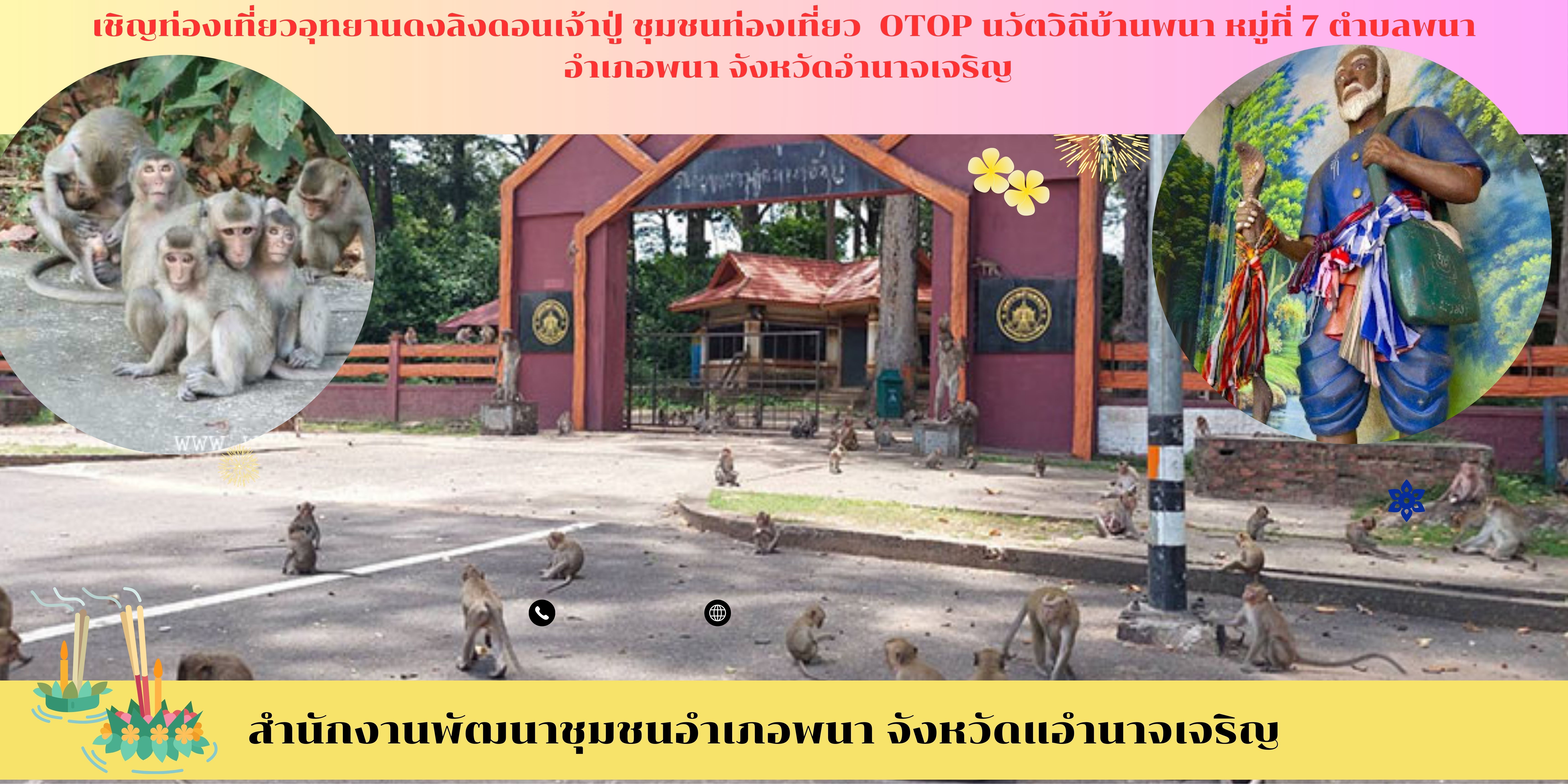 เชิญท่องเที่ยวอุทยานดงลิงดอนเจ้าปู่ ชุมชนท่องเที่ยว  OTOP นวัตวิถีบ้านพนา หมู่ที่ 7 ตำบลพนา  อำเภอพนา จังหวัดอำนาจเจริญ